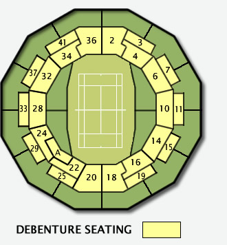 No. 1 Court seating plan.</br>Debenture seats are situated at the front of the elevated stand around No1 Court (marked in YELLOW on the No1 Court plan). <br/>This offers the optimum height and viewing angle for watching the tennis.